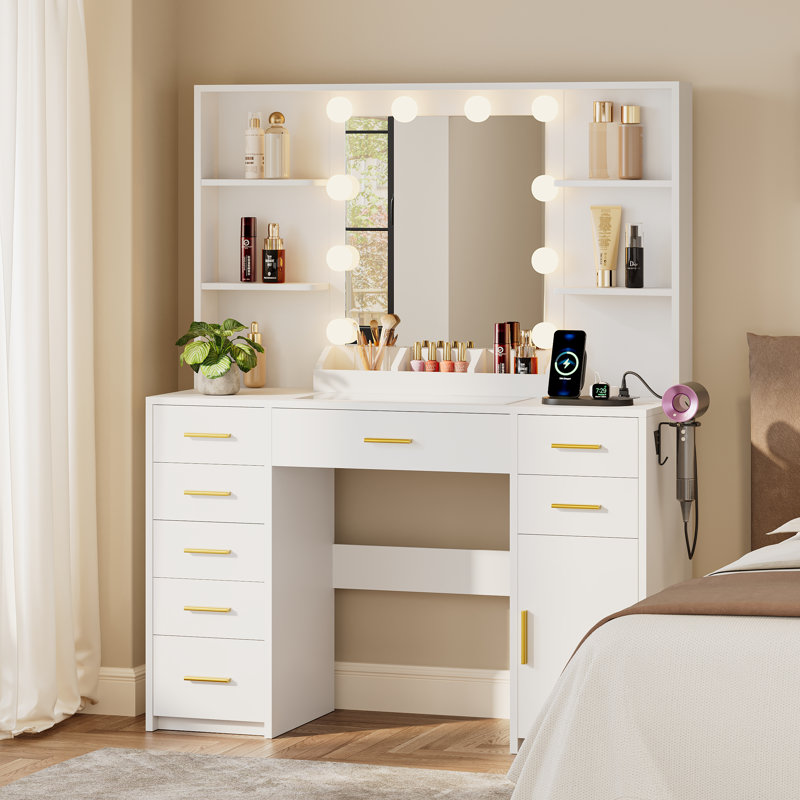 Coiffeuse de maquillage moderne avec éclairage à DEL réglable et station de charge, Blanc