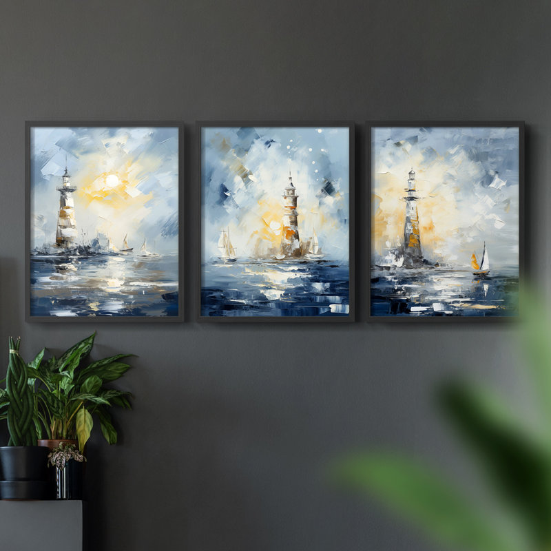 Série Sea and Shore Cxxvi - Ensemble de 3 estampes numériques encadrées - Prêt à être accroché, Cadre noir, H 20 po x l 16 po