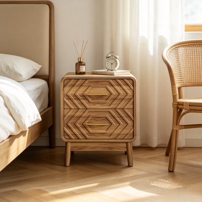 2‑Drawer Boho Carved Wood Nightstand, Mid‑Century Modern Bedside Table with Gold Metal Handles, Wooden End Side Table for Bedroom