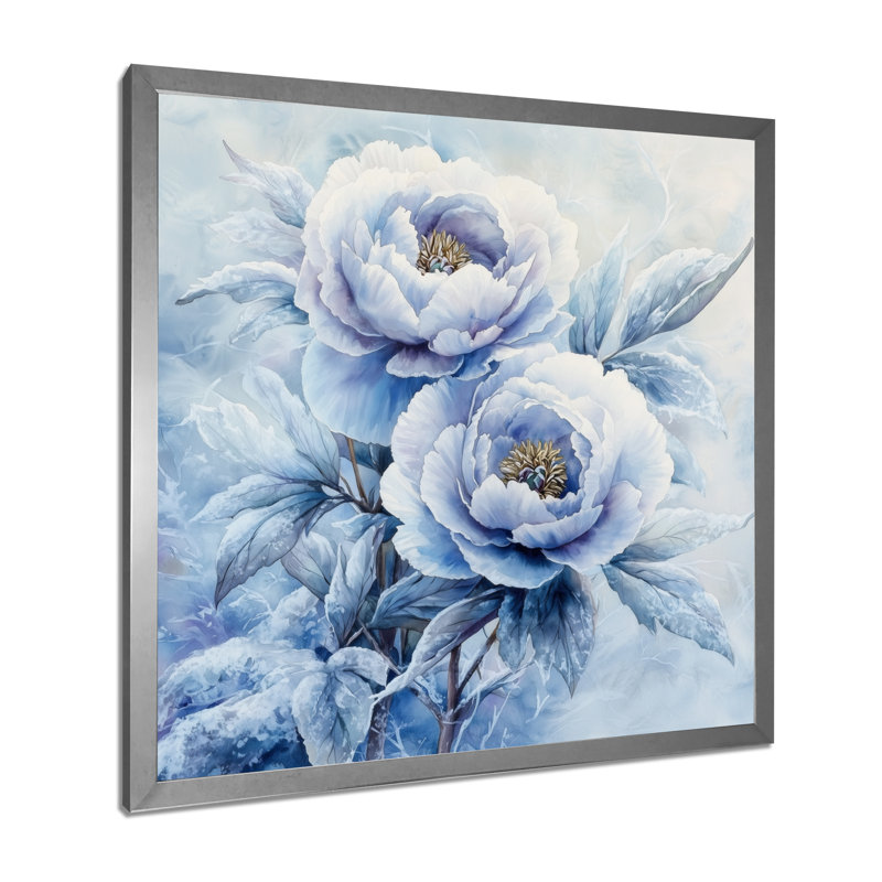 Pivoine bleue glacée - art mural pivoines, H 30 po x l 30 po, Reproduction encadrée d'une seule photo, Argent argent