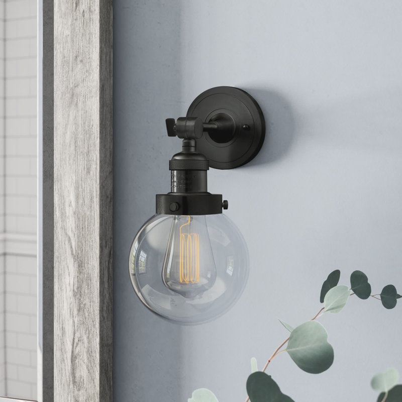 Applique murale de salle de bain 1 lumière Clementina, Ampoule incandescente rétro de 60 watts, Transparent, Noir mat