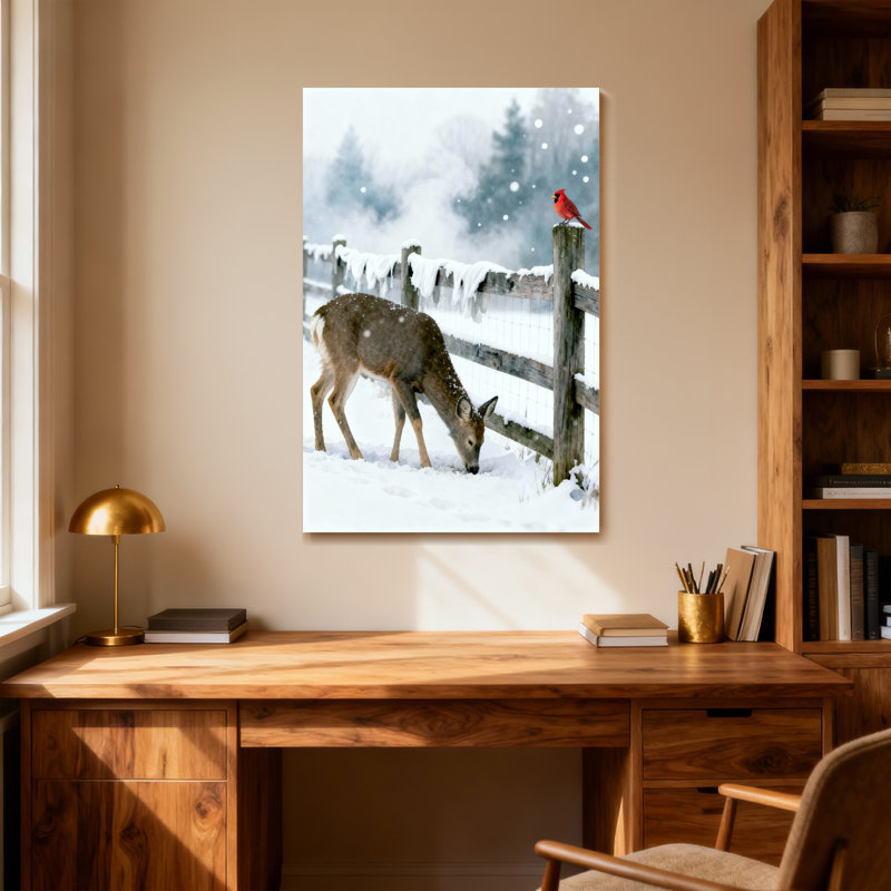 Animaux, cerfs, pâture, clôture enneigée, cardinal perché, H 18 po x l 12 po