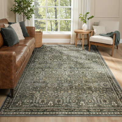 Muted Olive-Gray Vintage Floral Border Washable Area Rug with Non-Slip Backing