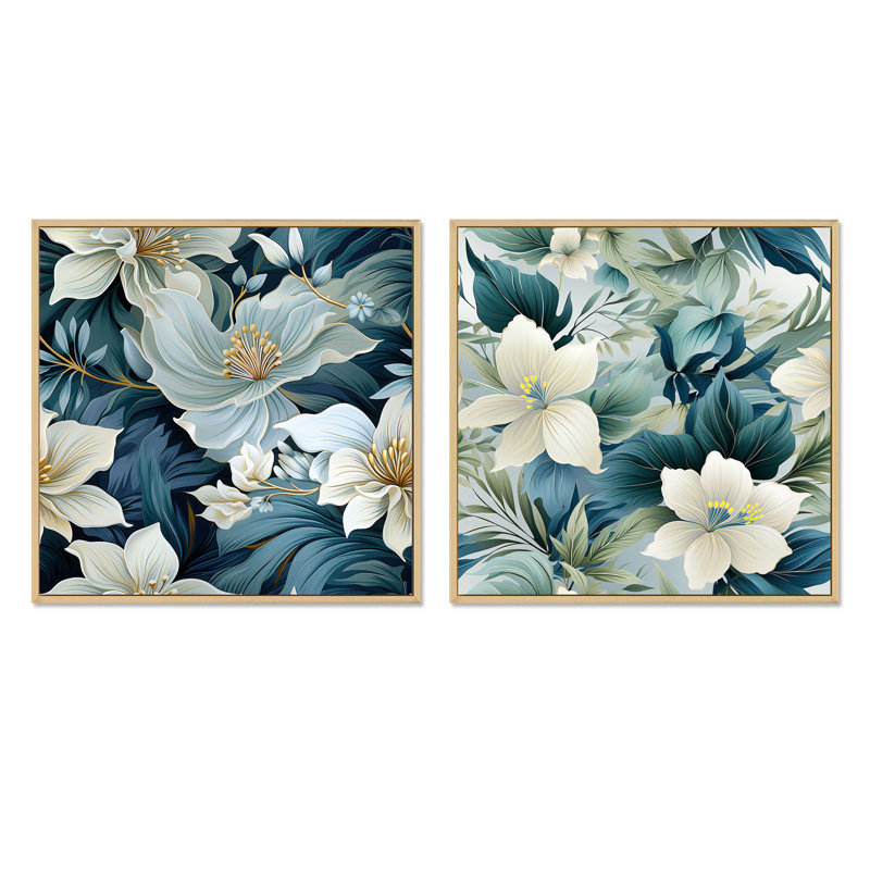 Esto - Ensemble de 2 collages carrés floraux, Cadre flottant brun, H 30 po x l 61 po
