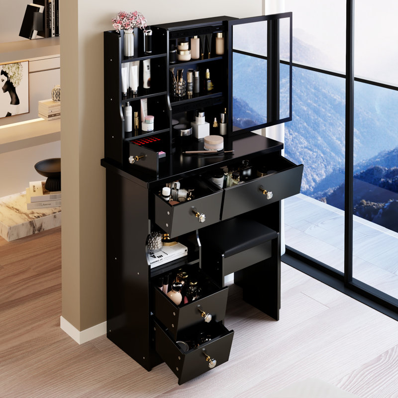 29.2" Long Vanity Table With Cushioned Stool, Extra Large Right Sliding Mirror, Multi - Layer Storage, American Design Black For Small Bedrooms