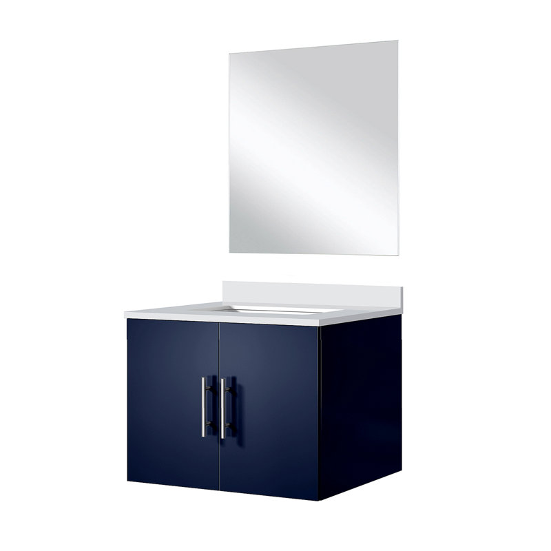 Meuble-lavabo simple 24 po X P 22 po P, comptoir en quartz et Miroir, Marine, Blanc