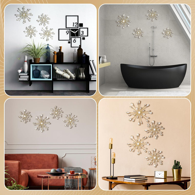 Ensemble de 4 décorations murales étoile dorée, art mural en métal strass cristal, sculptures suspendues 3D modernes
