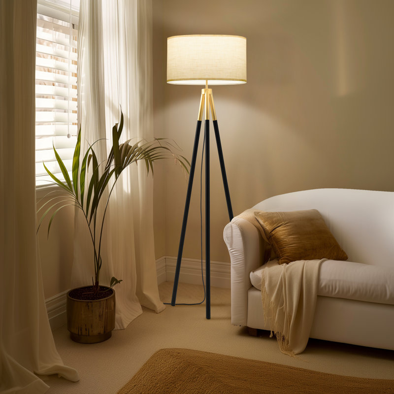 Levi 61 in. Mid-Century Modern LED Energy-Efficient Floor Lamp with Fabric Drum Shade and Metallic Brass Finish