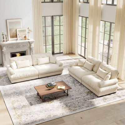 2-Piece Velvet 4-Seat Living Room Set with Deep Cushions, Bolster Arms and Accent Pillows, Ivory Cream