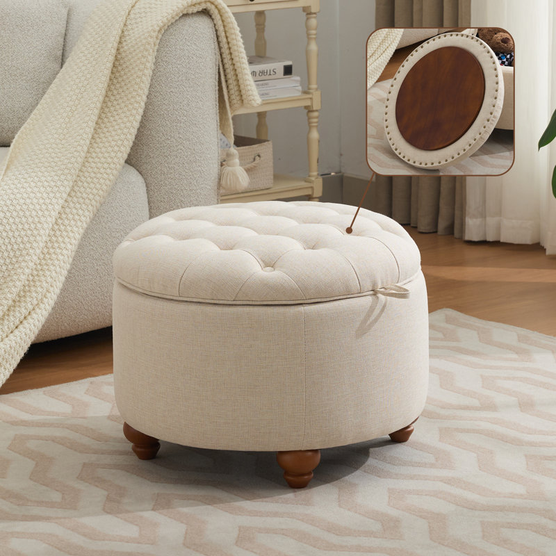 24’’ Wide Upholstered Tufted Round Storage Ottoman, Khaki