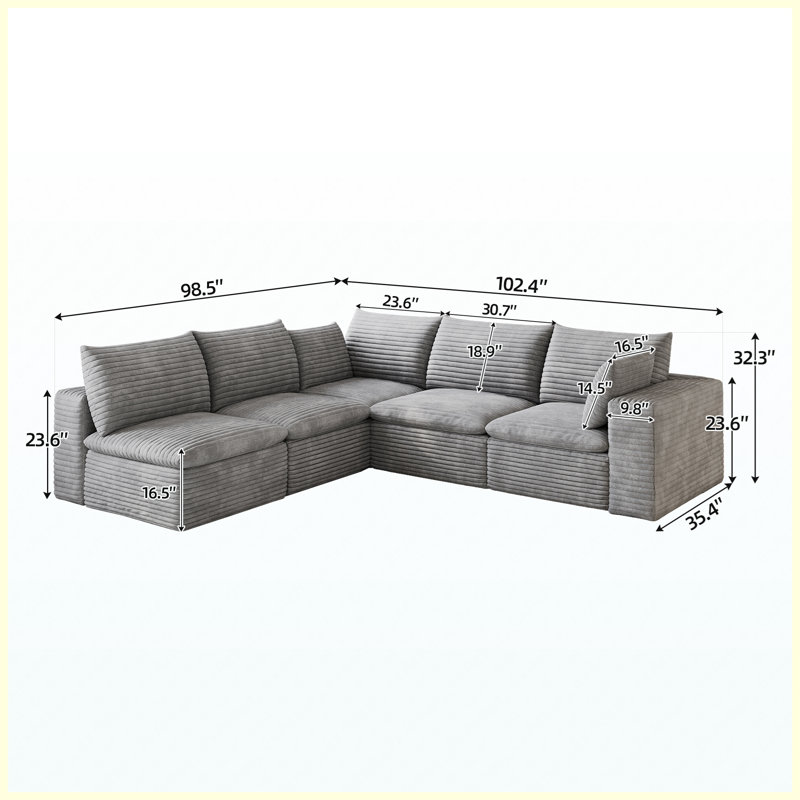 Canapé 99 po x 103 po en velours côtelé gris, siège modulaire à assise profonde et coussins amovibles, aucun assemblage requis