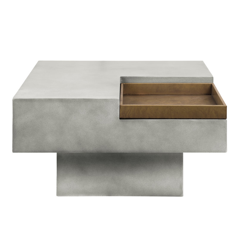 Table basse contemporaine en ciment avec base carrée et piédestal rustique gris
