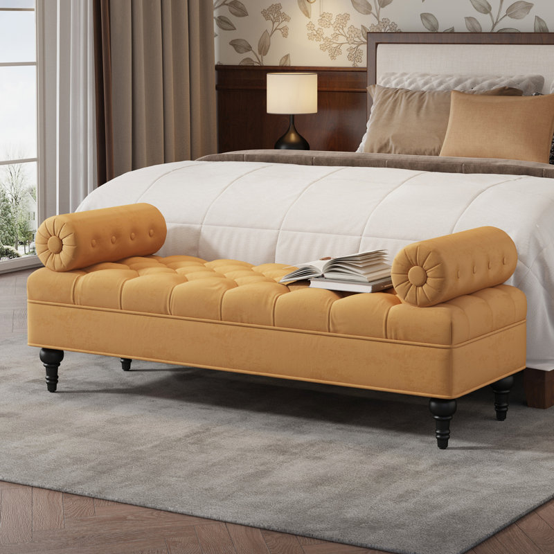 Banc de chambre à coucher moderne, banc rembourré avec 2 coussins amovibles, Yellow