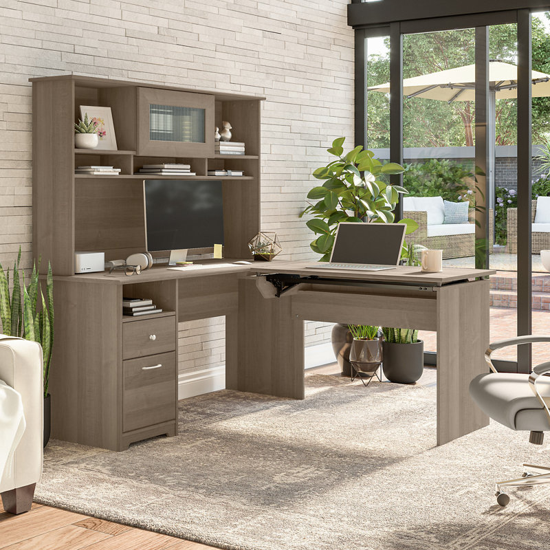 Shelonda Adjustable L-Shaped Computer Desk, 66.3" H x 59.45" W x 69.17" D, Ash Gray