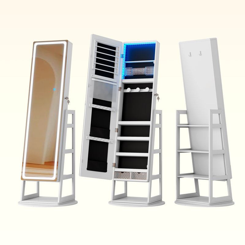 Armoire pour bijoux autoportante pivotante à 360 ° avec miroir pleine longueur à éclairage DEL, White