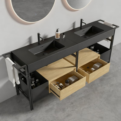 Meuble-lavabo 72 po avec charme industriel, modulaire de 2, tiroir à fermeture en douceur, rangement ouvert, barre à serviettes réglable, noir mat et chêne, matériau principal en quartz, profondeur 73,67 po, largeur 17,8 po, profondeur 32,6 po