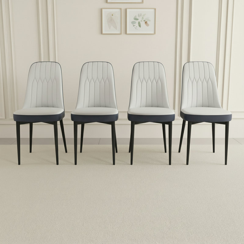 Set Of 4 Modern Pu Leather Dining Chairs With Black Metal Legs And Upholstery, White/Dark Gray