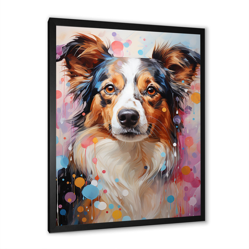 Portrait de collie ludique sur toile, Cadre simple noir, H 32 po x l 16 po x P 1 po