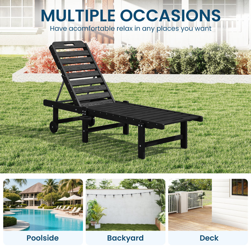 Chaise longue inclinable de 78 po pour l'extérieur avec porte-gobelet et roulettes, Noir
