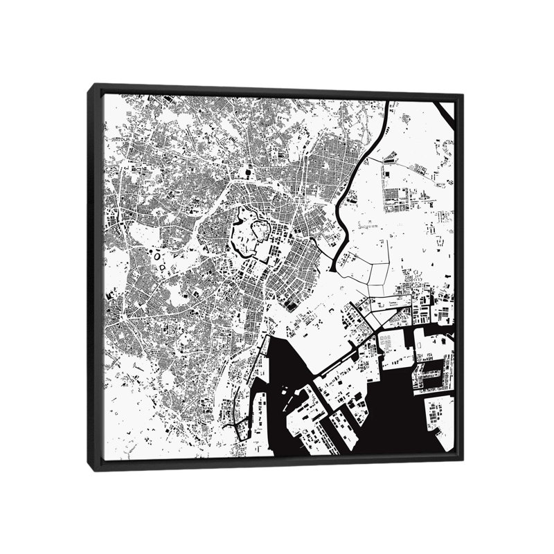 « tokyo », art sur toile tendue, H 37 po x l 37 po x P 1,5 po, Toile avec cadre noir, Pas de tapis