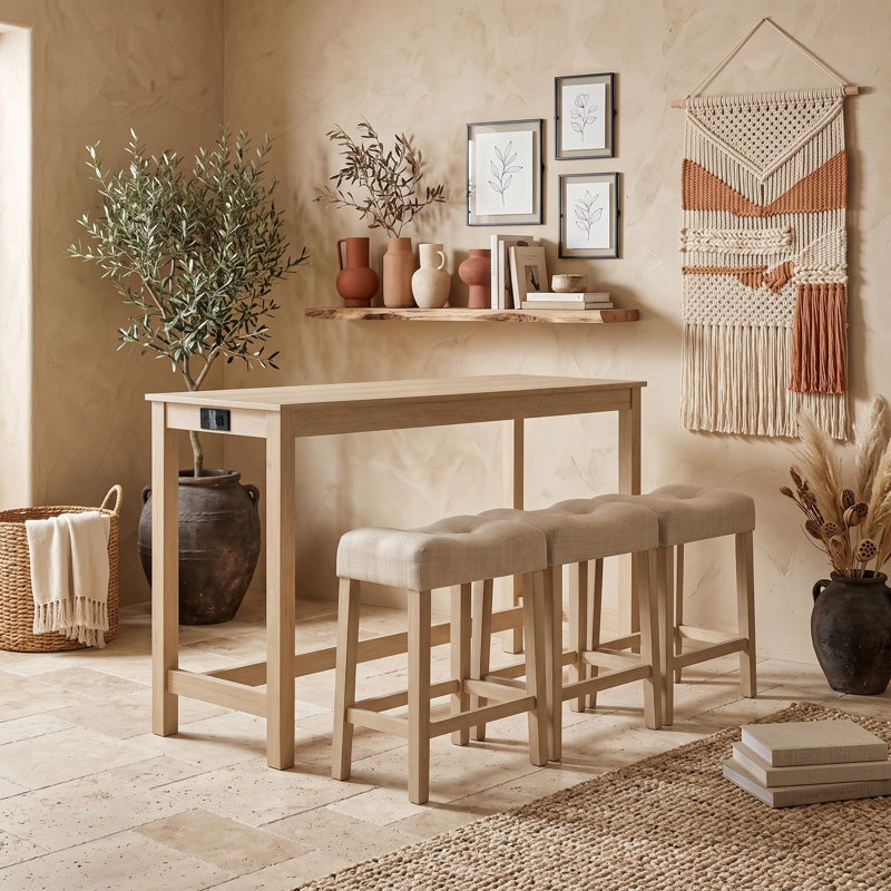 Ensemble de table de bar rectangulaire en bois avec 3 tabourets rembourrés et ports de chargement, Chêne clair
