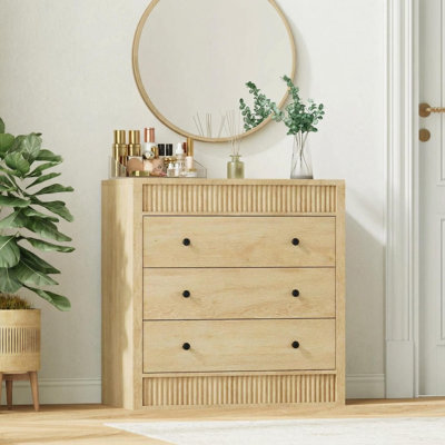 Commode 3 tiroirs pour la chambre à coucher, commode cannelée de 31,5 po de largeur, table de chevet moderne en bois pour chambre d'enfant, couloir, salon, chêne naturel