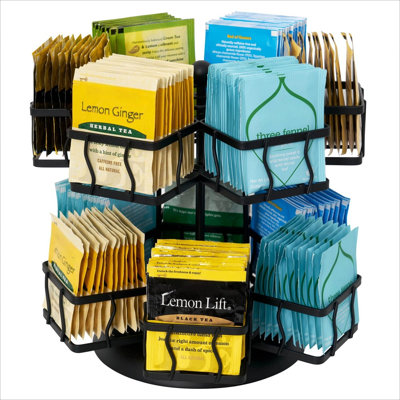 Tea Bag Organizer - Spinning Carousel Holder With 12 Compartments, Up to 140 Tea Bags Storage, Black Powder Coated Stainless Steel