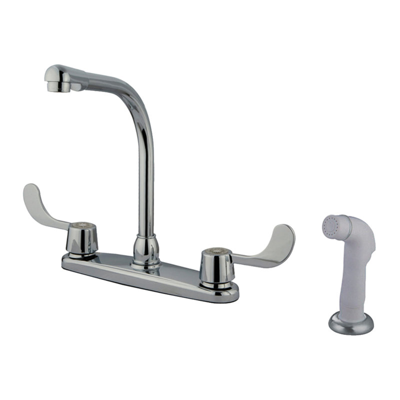 Kingston Brass Magellan Two-Handle 4-Hole 8" Centerset Kitchen Faucet with Side Sprayer, Polished Chrome/White