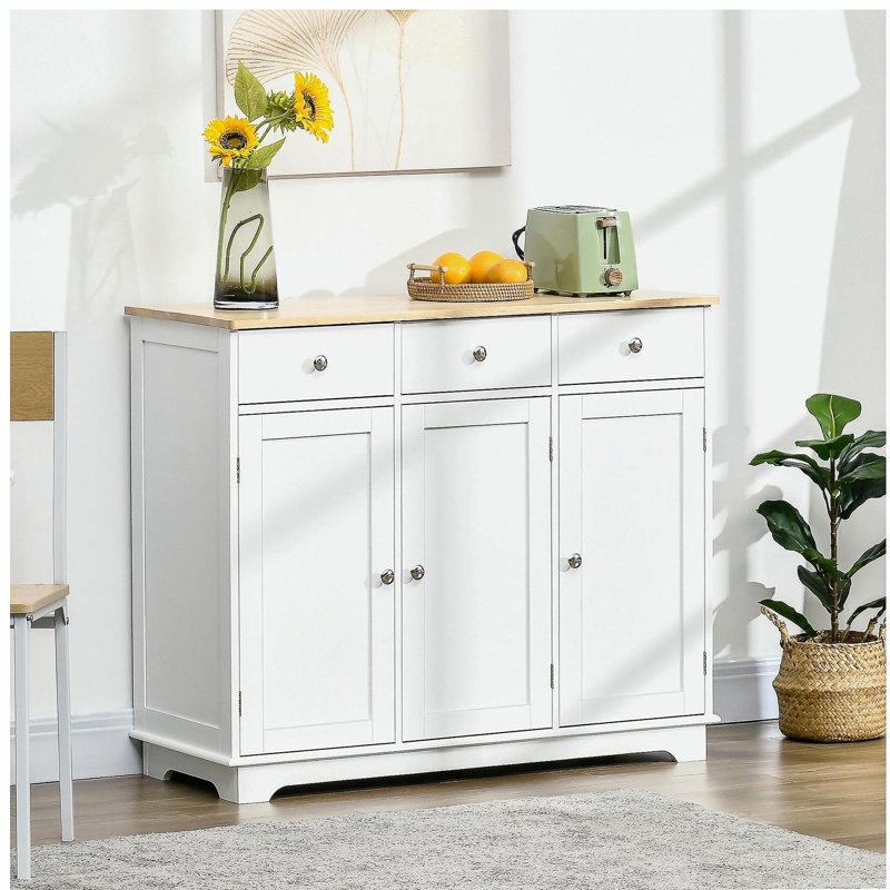Buffet HOMcom avec comptoir en bois massif, armoire de rangement de cuisine moderne, avec 3 portes de tiroir et armoire à café à tablette réglable, blanc