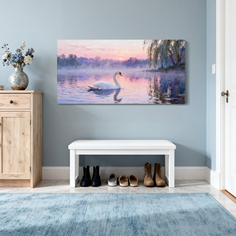 Animaux cygne sur un lac au coucher du soleil avec des arbres, H 28 po x l 58 po