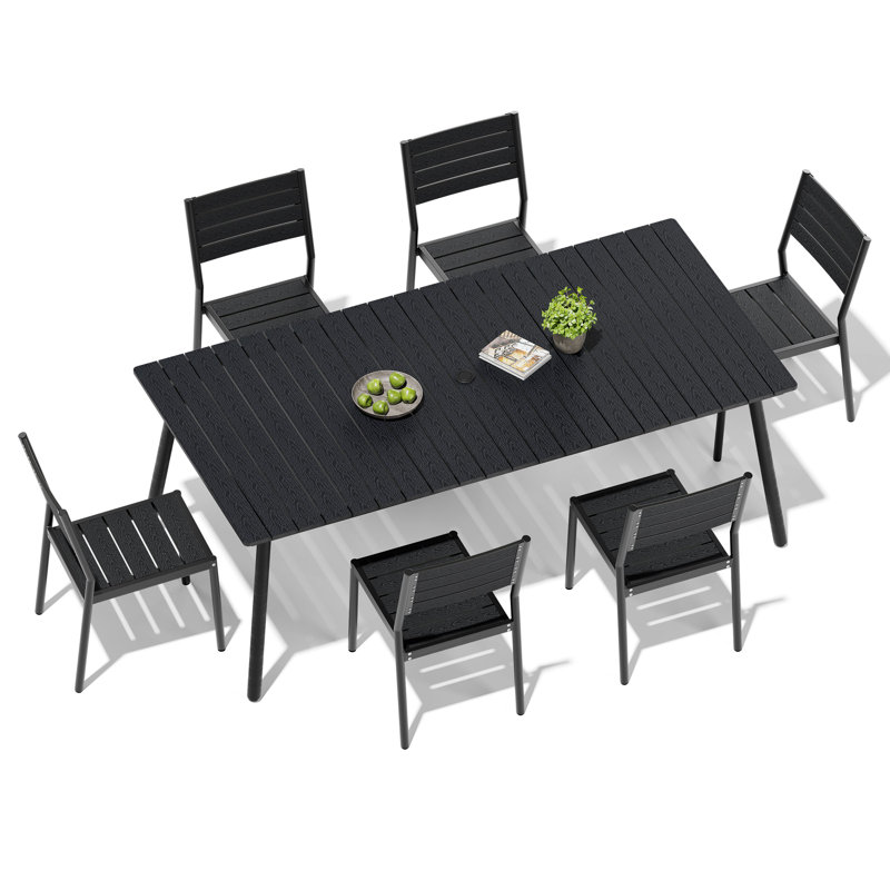 Ensemble de salle à manger pour 6 personnes 82,48 po LX40,55 po avec structure en aluminium, trou pour parasol et chaises sans accoudoirs