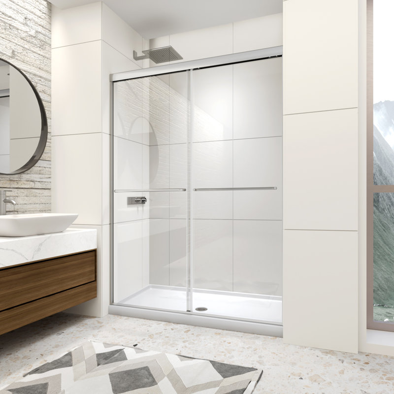 Porte de douche coulissante double encadrée l 50 à 54 po x H 70 po avec porte en verre trempé transparent de 1/4 po (6 mm), 2 barres à serviettes pour salle de bain, portes de douche à finition chromée, installation réversible
