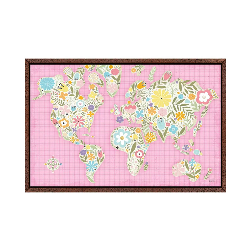 Floral World Pink 1 Piece Wall Art on Canvas, 45.72cm H x 66.04cm W x 3.81cm D, Classic Brown Wood Framed