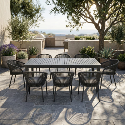 Ensemble de salle à manger extensible 7 pièces en aluminium avec chaises et coussins empilables en osier
