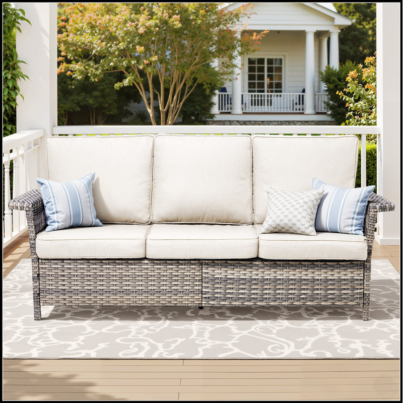 Canapé de patio de 76,7 pouces de largeur en osier résistant aux intempéries avec coussins confortables à haute densité et généreux accoudoirs