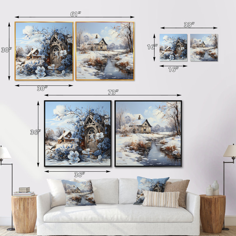 «Cottage Charm In Winter», 2 pièces, Cadre flottant noir, H 16 po x l 33 po