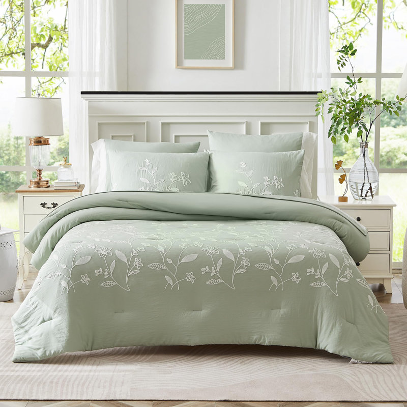 Ensemble de literie 3 pièces FineStichery, Édredon double + 2 taies d'oreiller, Vert sauge / floral