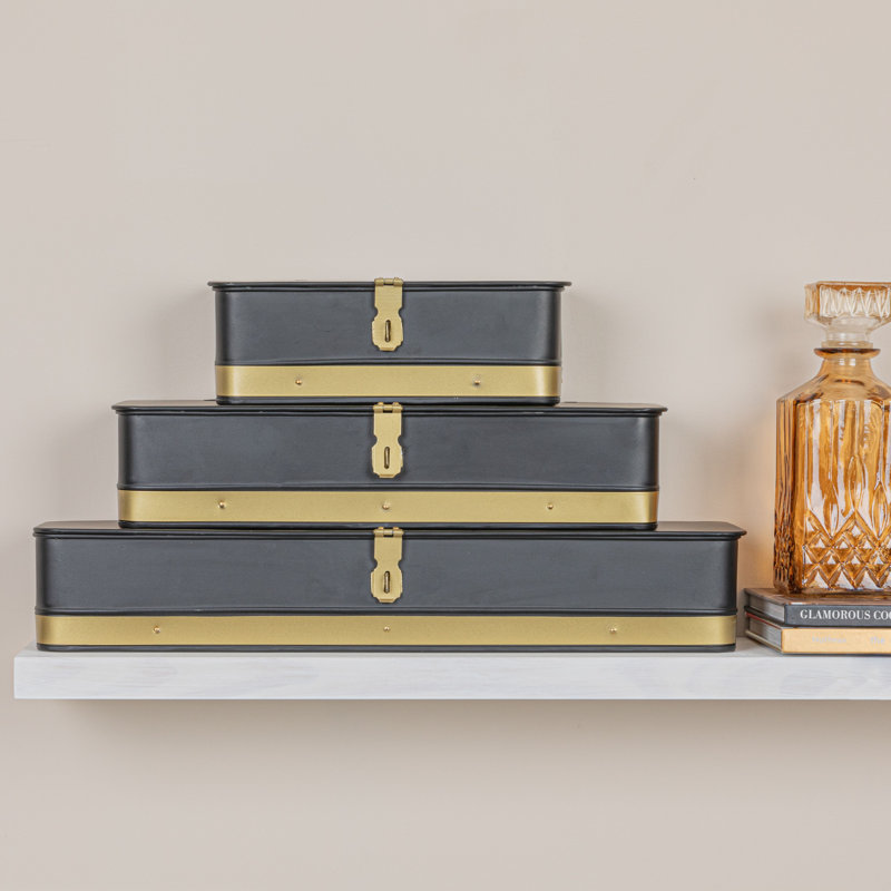 Lesli Long Decorative Metal Boxes with Lid, Black/Gold
