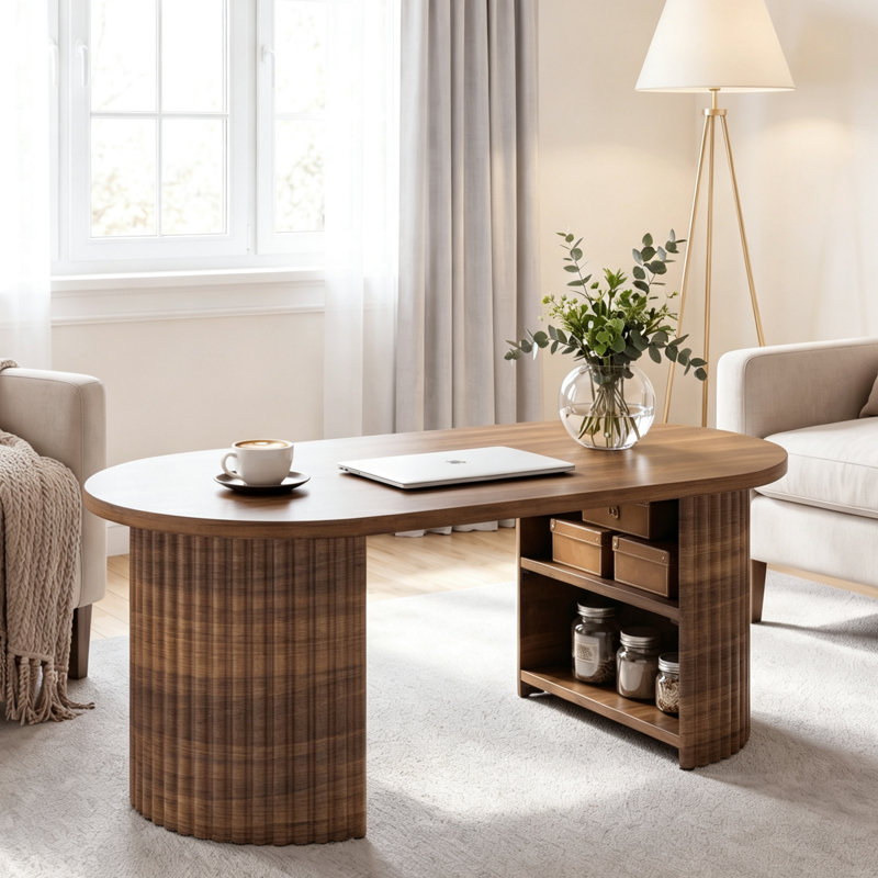 Table basse demi-ronde cannelée, table de centre de soutien latérale nervurée moderne avec compartiment de rangement inférieur ouvert, assemblage facile, brun