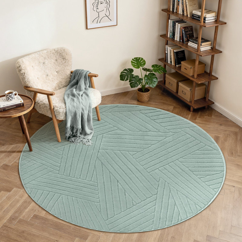Geometric Washable Area Rug, Sage Green, Round 160 cm