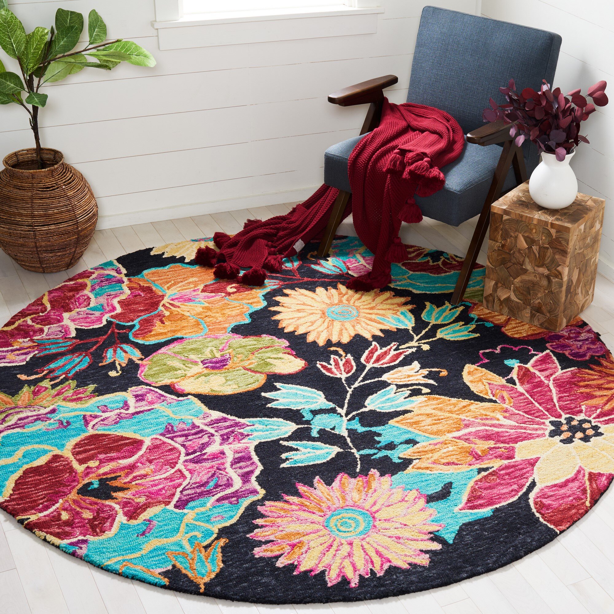 Lahome Red Floral Round Rug - 3' Diameter Washable Round Area Rugs Sma