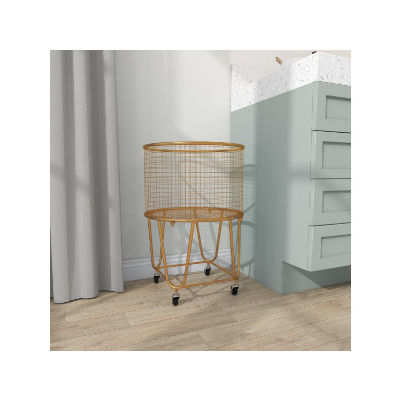 Metal Deep Set Rolling Mesh Laundry Basket Storage Cart, Gold