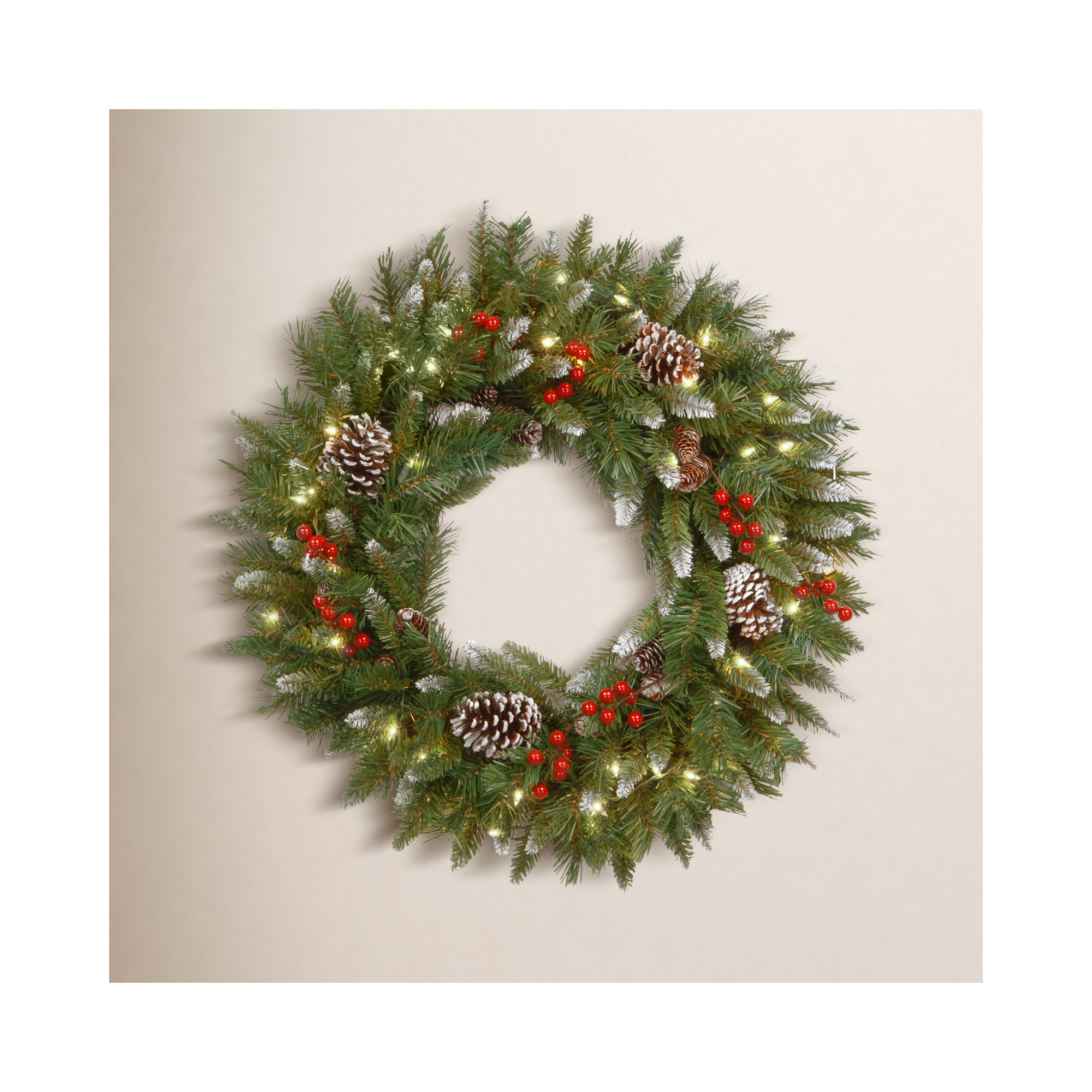 The Holiday Aisle® Frosted Berry Wreath with Clear Lights, 24" H x 24" W x 6" D