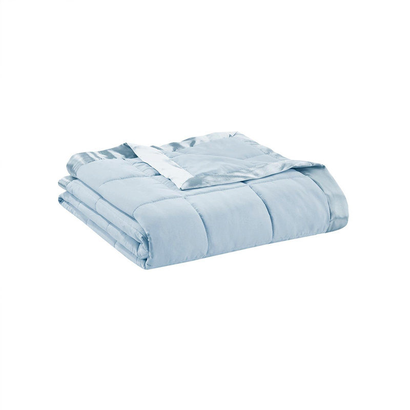 Couverture légère en duvet synthétique avec bordure en satin, Bleu, Lit simple