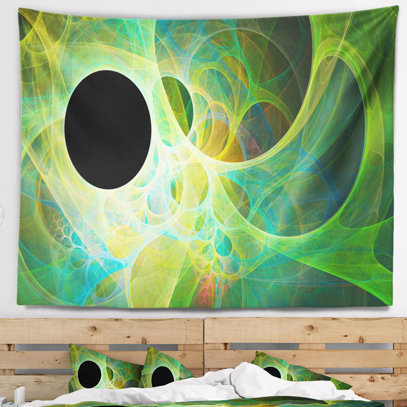 Tapisserie abstraite avec ailes d'ange vert fractal, H 78 po x l 92 po