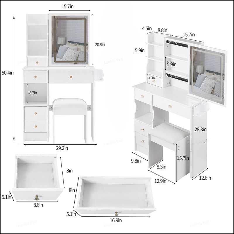 Ensemble de coiffeuse polyvalent et compact avec fonctions et accessoires perfectionnés, Blanc
