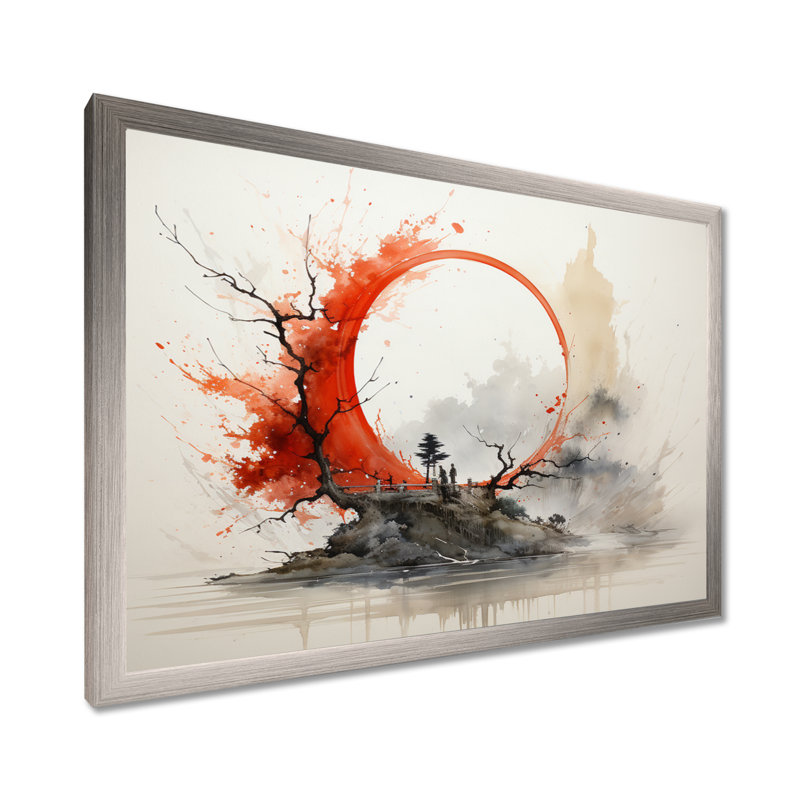 Rouge et gris, art bouddhiste Enso Lumières - art mural bouddhisme, H 12 po x l 20 po x P 1 po, Cadre simple argenté
