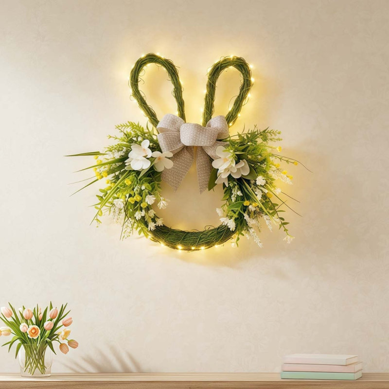 Couronne de lapin de Pâques avec lumière - couronne de lapin en forme de tête de lapin 14,5 po avec verdure artificielle et nœud. Décoration de porte mignonne printanière. Décorations de Pâques parfaites pour le mur de la ferme, la fenêtre et la maison de vacances
