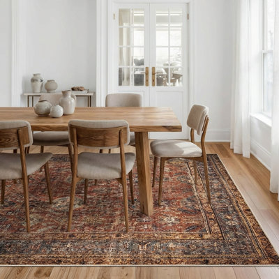 Machine Washable Non-Slip - Terracotta / Mustard Traditional Rug