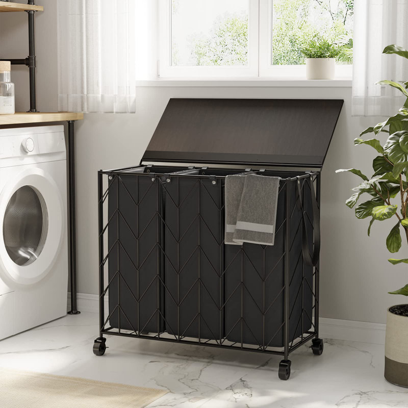 142L Laundry Hamper 3 Section with Lid, Black